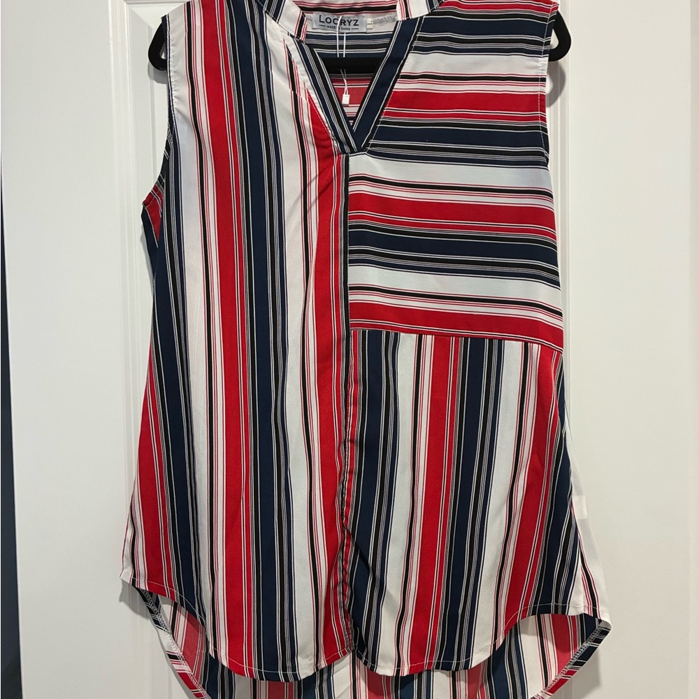 LOFT Red and Blue Striped V-Neck Blouse